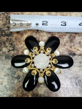 Gold-Tone Black & White Floral Statement Brooch by JOSE BERRARA